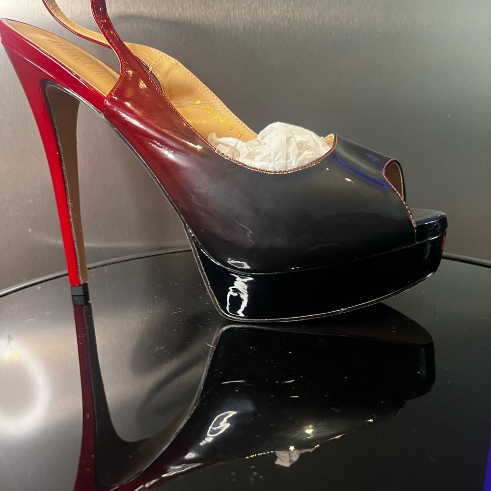 Sleek Black and Red Slingback Heels with Glossy Finish